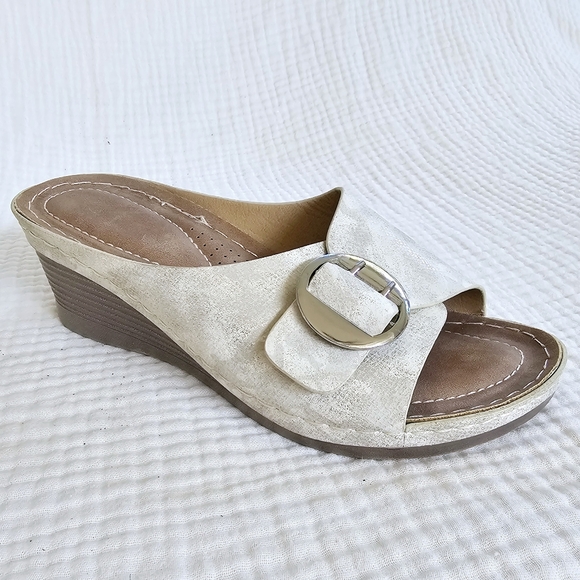 Wedge Mule Sandals, Open Toe with Buckles in Ivory, Size 8 Medium - Picture 4 of 16